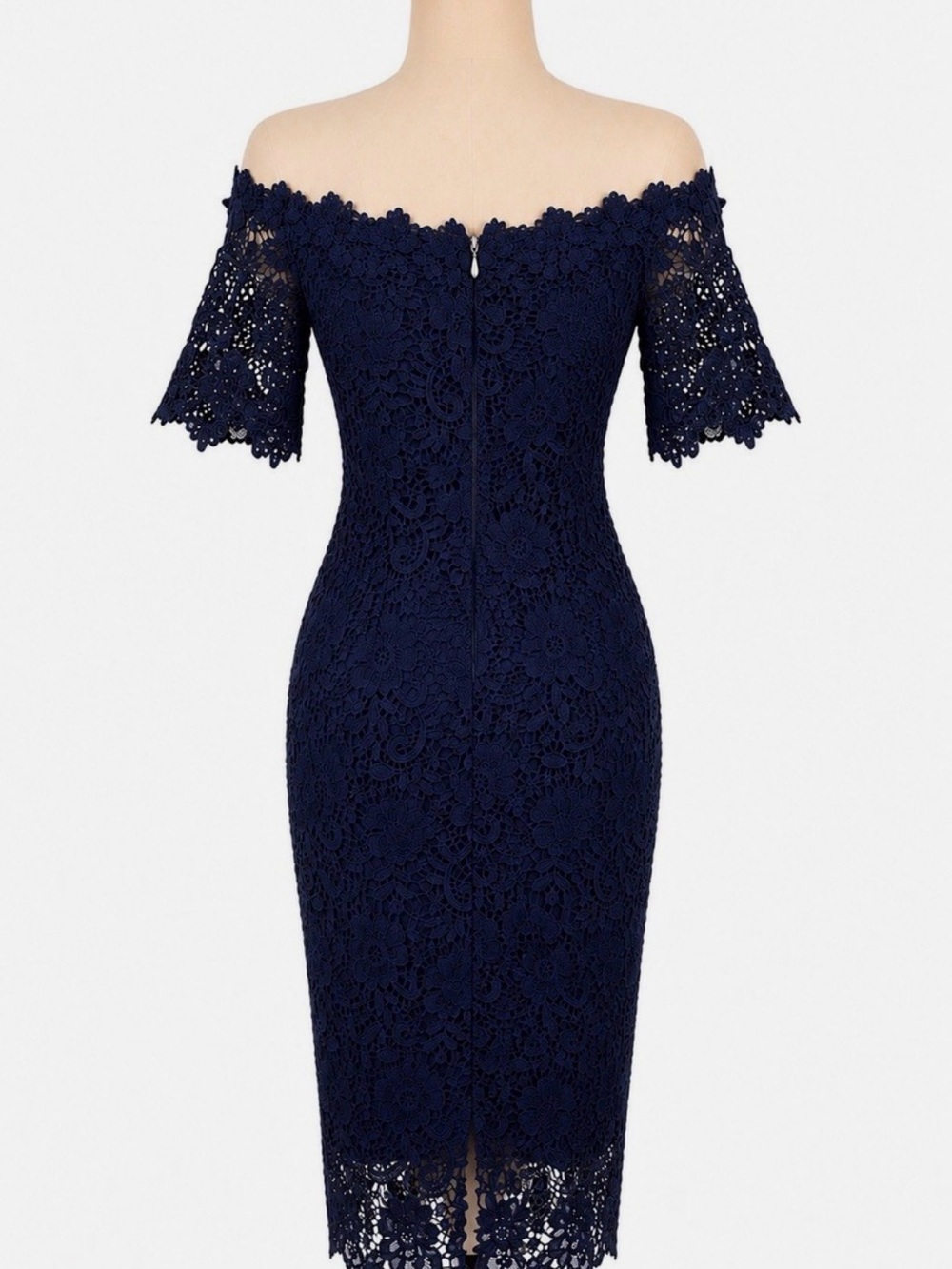 Navy Off-the-Shoulder Lace Sheath Dress - Picture 2 of 11